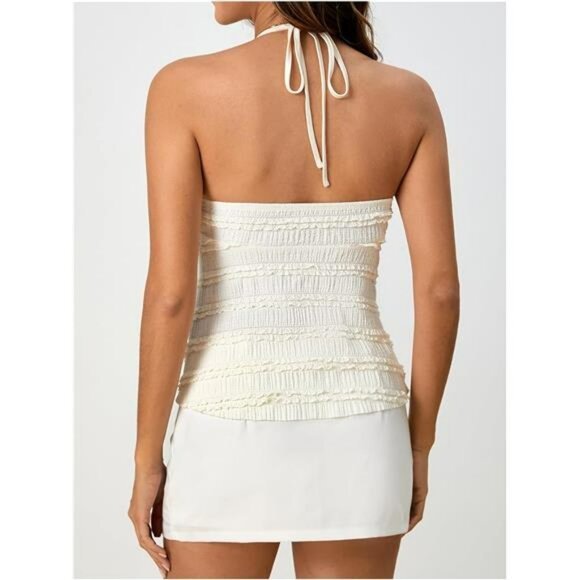 Womens Y2K Peplum Halter Crop Top Ruched Tie Front Spaghetti Strap Cami - Picture 3 of 6